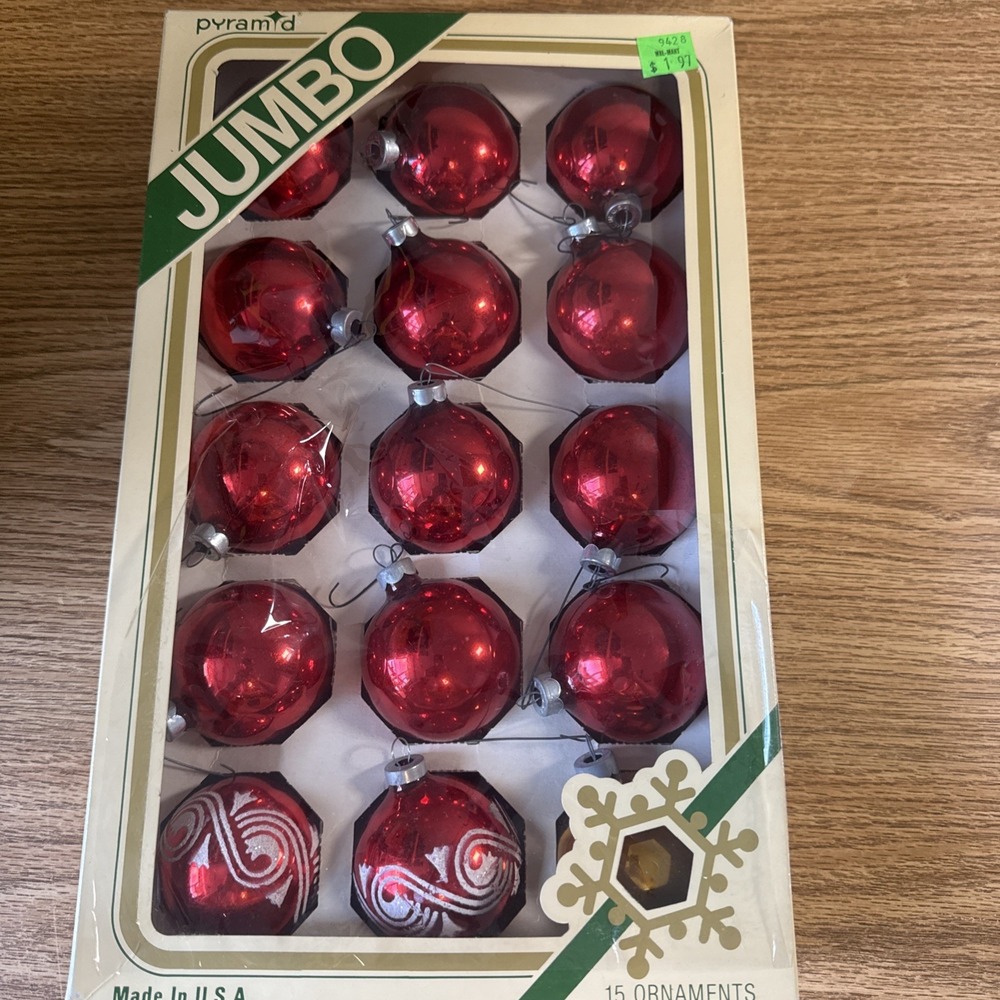 Vintage Pyramid Jumbo Red Glass Ornaments in Box,‎ 2 1/4" Diameter Made in USA